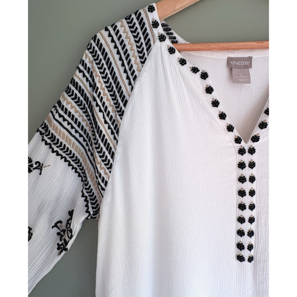 CHICOS Embroidered Shift Dress White Black Gauze Cotton Size 2 (12) Boho Cottage - Picture 2 of 11
